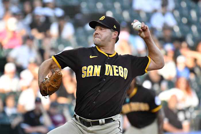 Oct 1, 2023; Chicago, Illinois, USA; San Diego Padres starting pitcher Rich Hill (41) pitches during the tenth inning against the Chicago White Sox at Guaranteed Rate Field.